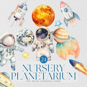 Weltraum Aquarell Kinderzimmer Kunst | Astronaut Aquarell Clipart | Aquarell Planeten Clipart | Raketen PNG | Raumschiffe Kinderzimmer | Planeten PNG