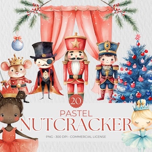 Clipart de aquarela de quebra-nozes | Clipart de Natal vintage | PNG de Natal de quebra-nozes | Arte de berçário de Natal | Bailarina fofa em tons pastel