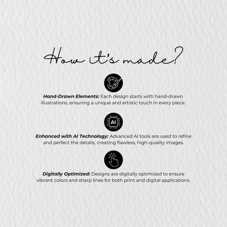 K&ouml;nnte beinhalten: Wei&szlig;er Hintergrund mit dem Text "How it's made?" und Beschreibungen des Designprozesses. Der Prozess umfasst handgezeichnete Elemente, KI-Technologie und digitale Optimierung f&uuml;r Druck- und digitale Anwendungen.