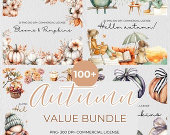 Watercolor Fall Clipart Bundle | Cozy Autumn Clipart Set | Cottagecore | Autumn Cottage | Fall Digital Papers | Fall Clipart PNG | Pumpkins