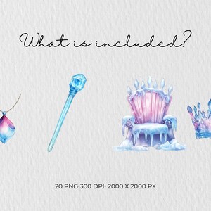 K&ouml;nnte beinhalten: Aquarell-Illustration mit einer Halskette, einem blauen Zepter, einem Thron und einer Krone. Der Thron ist rosa und wei&szlig; mit Eisdetails. Der Text "What is included?" steht oben.