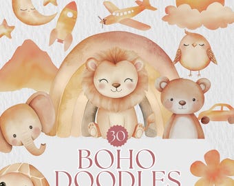 Boho Baby Watercolor Clipart | Cute Animals Nursery Art | Boho Nursery Clipart | Boho Animals | Baby Shower Boho Clipart | Baby Animals PNG