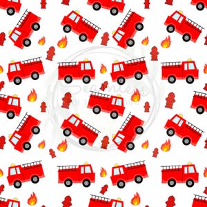 May include: A seamless pattern featuring red fire trucks with yellow ladders and white headlights. The trucks are surrounded by red fire hydrants and orange flames.