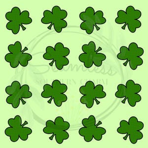 May include: A seamless pattern featuring a repeating design of green shamrocks on a light green background.
