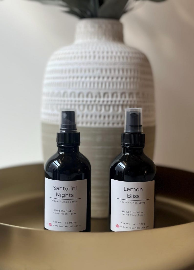 Handcrafted 4 oz room sprays for air, fabric, and linen. Vegan, cruelty-free, and alcohol-free