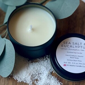 Sea Salt & Eucalyptus is a refreshing blend of crisp ocean air and soothing eucalyptus, bringing a spa-like tranquility to any space. Hand-poured with soy wax for a clean, revitalizing aroma. 🌊✨ #SoyCandle #FreshandClean #Handmade