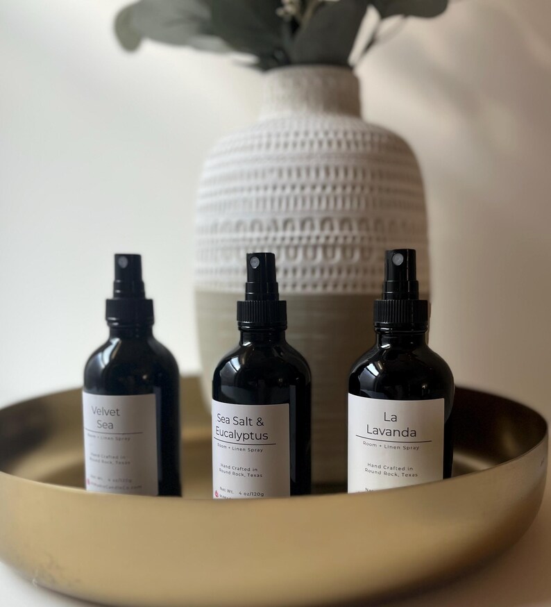 Handcrafted 4 oz room sprays for air, fabric, and linen. Vegan, cruelty-free, and alcohol-free