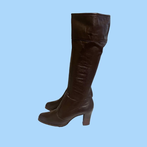 70s Vintage Knee High Boots-Brown Leather Full Zipped Heeled-US Women Size 6.5-Cobbies Women Wear-Tall Go Go Boots-Vintage Women Wear-Boots.