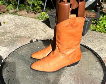 Vintage Boots-Burnt Orange Boots-US Women Size 7.5-Slouch Boots-Mid Calf Boots-1980s-Genuine Leather-Vintage Women Wear-Boho.