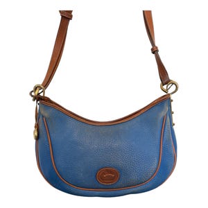 Vintage Geldbörse-Dooney und Bourke-Blaue Geldbörse-1980er-All Weather Leder-Schultertasche-Handtasche-Echtes Leder-Signatur Fob-Vintage Tasche.