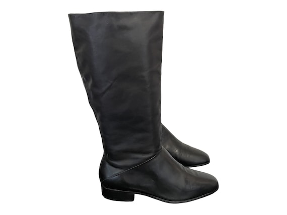 Vintage 1990s Tall Black Leather Pull on Women Slouch Boots  display picture 3