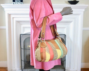Vintage Purse. Vintage 1990s Women Multi Color Genuine Leather And Suede 1990s Shoulder Bag Purse By Fossil.