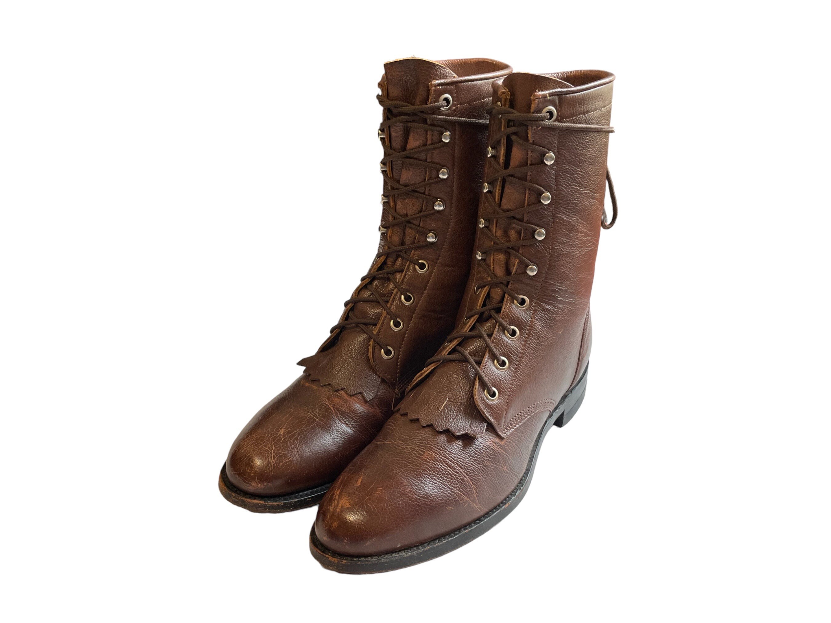 90s Vintage Brown Leather Lace up Justin Roper Boots-us Men - Etsy