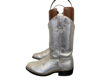 Vintage Wrangler Boots-Rockabilly-80s Boots-US Women 8-Silver Leather-Cowboy Boots-Made In USA-Original Color-Vintage Women Wear-Roper Boot.