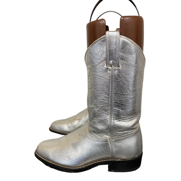 Vintage Wrangler Boots-Rockabilly-80s Boots-US Women 8-Silver Leather-Cowboy Boots-Made In USA-Original Color-Vintage Women Wear-Roper Boot.