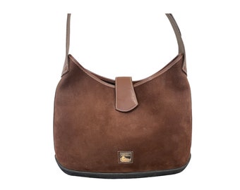 jaren 1990 vintage grote bruin en zwart echt leer Dooney en Bourke portemonnee-vintage vrouwen dragen-top handvat-schoudertas-verstelbare riem-tas.