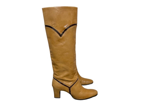 1960s Vintage Tall Two Tone Brown Leather Knee Hi… - image 2