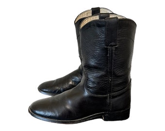 Vintage Boots-Black Boots-Justin Boots-US Men Size 6-US Women Size 8-Unisex-1990s-Genuine Leather-Pull On-Western-Rockabilly-Made In Mexico.