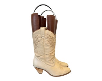 Vintage 1980s-Tan Genuine Leather-US Women SZ 7-Dingo Cowboy Boots-Mid Calf-Womens Wear-Short Boots.