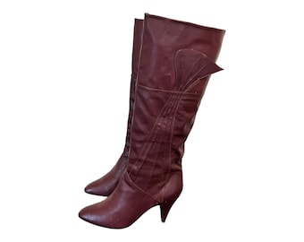 Botas Vintage-Botas Borgoña-1980s-Botas de montar-US Mujer Tamaño 6.5-Botas altas-Tacones altos-Cuero genuino-Mujeres vintage usan-Hecho en Brasil.