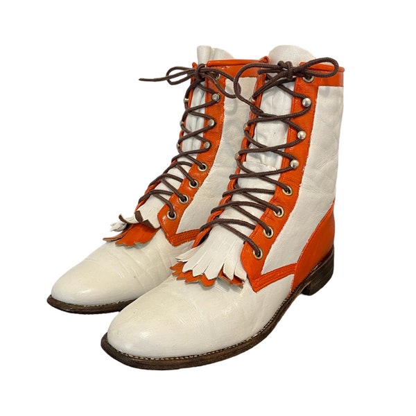 1980s Vintage Two Tone Orange And White Customized Justin Roper Boots-US Women Size 7-Genuine Leather-Flat Lace Up-Vintage Women Wear-Boots.