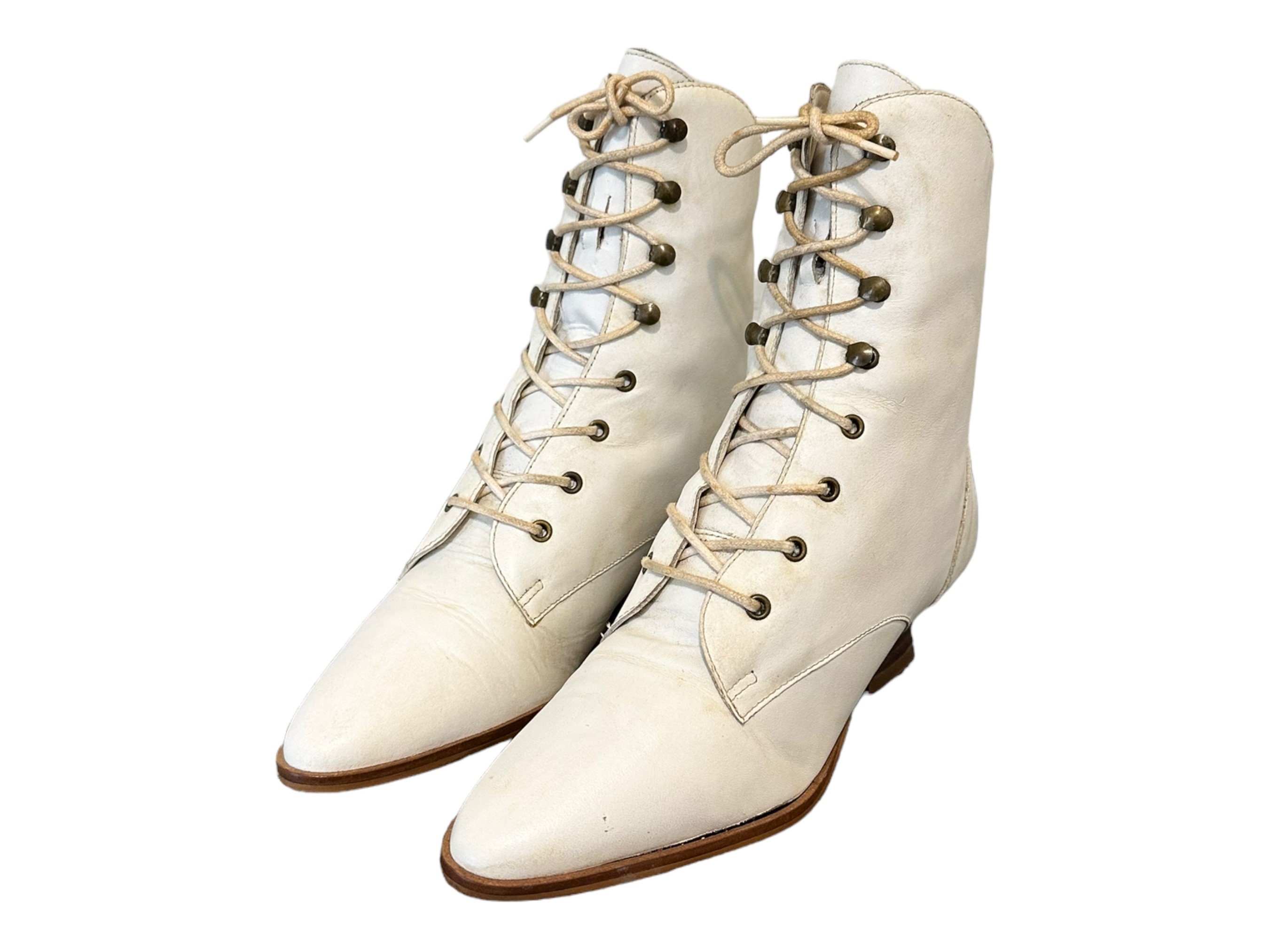 90s Vintage Eggshell White Lace up Women Ankle Boots-us