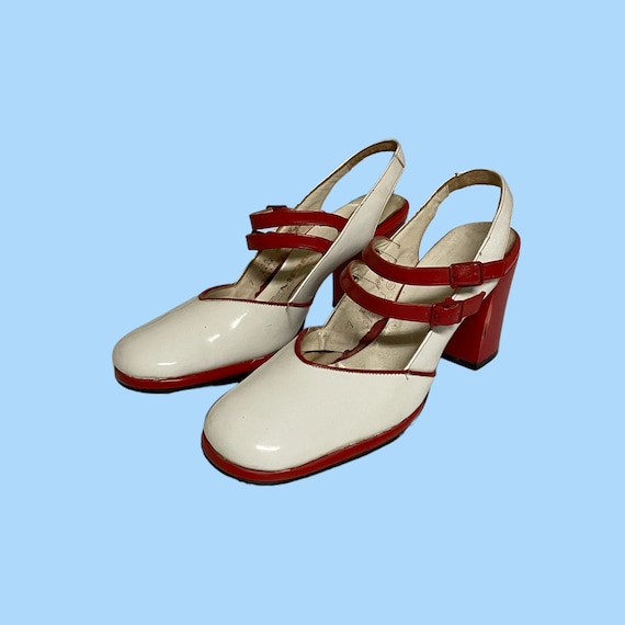 70s Patent Leather Vintage Red And White Pumps-Hi… - image 1