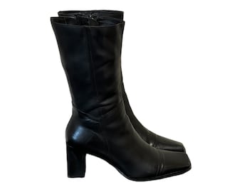 Vintage Stiefel-Schwarze Stiefel-Hohe Ankle Boots-US Frauen Größe 34-Echtes Leder-2000s-Zip Up Stiefel-High Heels-Vintage Frauen Tragen-Geschenk Für Sie.