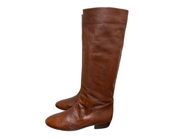Vintage 1980s Brown Leather Pull On Anne Klein Women Riding Boots-US Women Size 10.