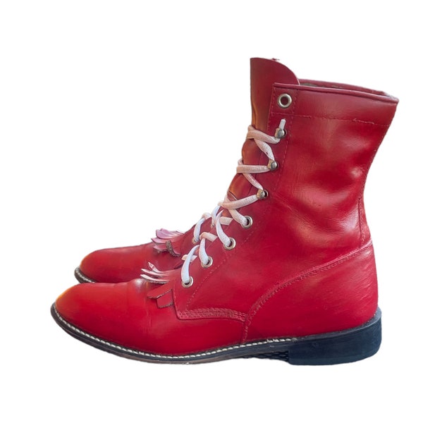 80er Vintage Boots-Rote Justin Boots-US Women Gr.6.5-Ankle Boots-Individualisierte Stiefel-Echtleder-Rockabilly-Vintage Damen Wear-Roper Boots.