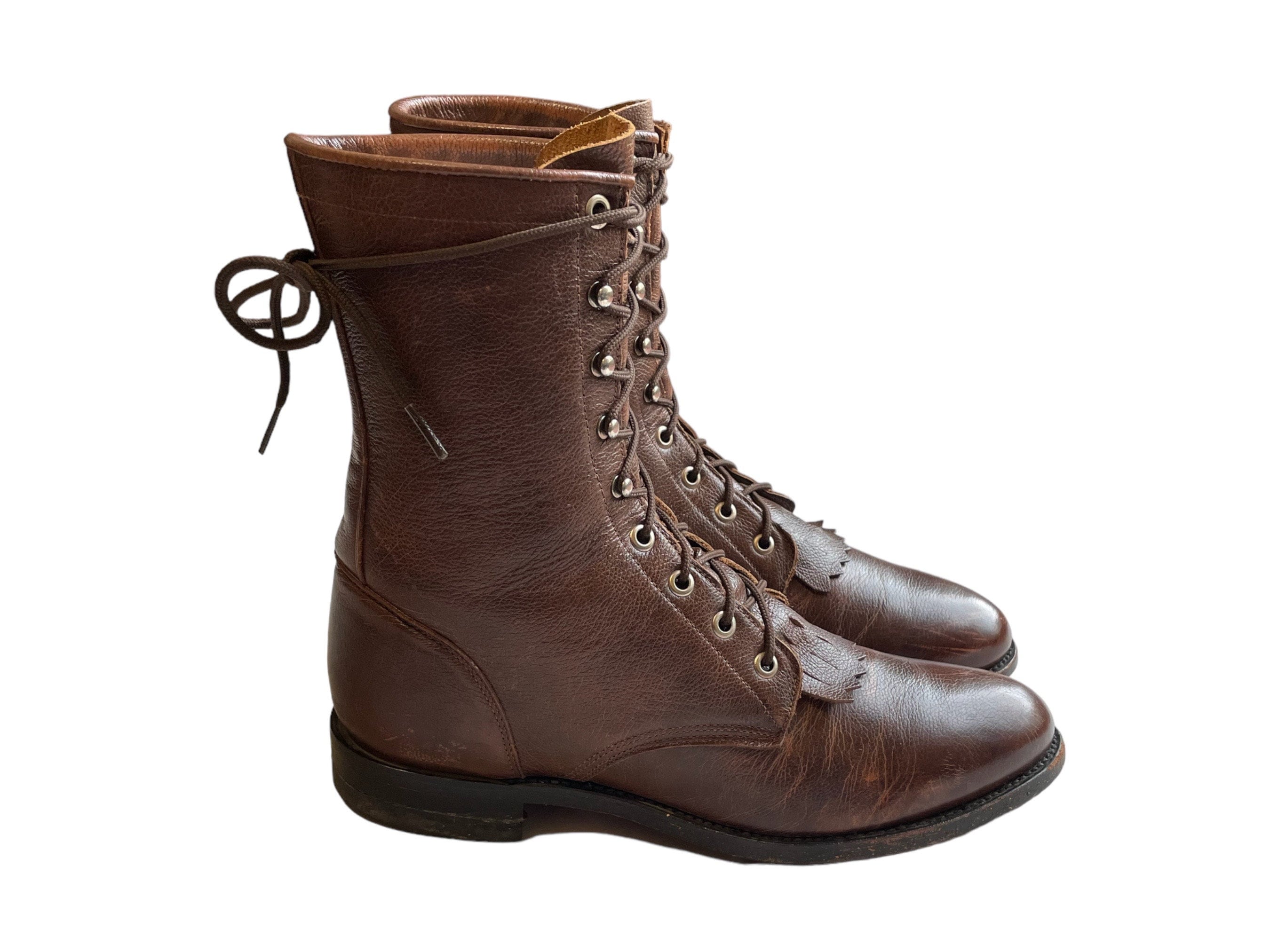 90s Vintage Justin Roper Boots: Brown Leather Lace-up 