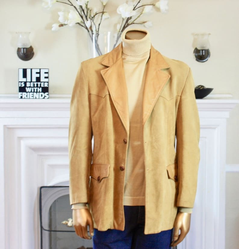 Vintage Mens Wear-Light Brown Suede Jacket-1980s Men Coat