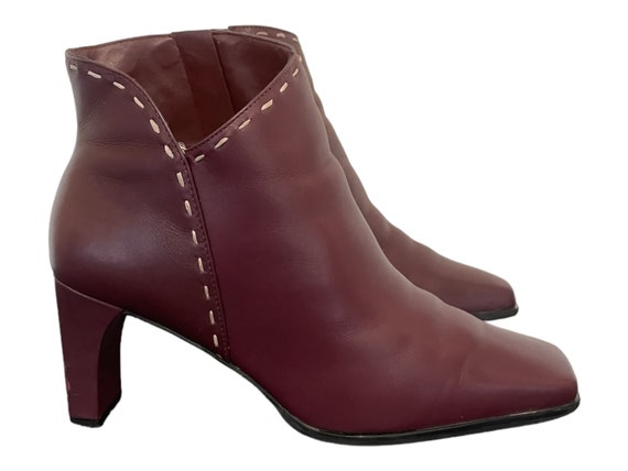 Vintage 1990s Burgundy Leather Women Ankle Boots-… - image 1