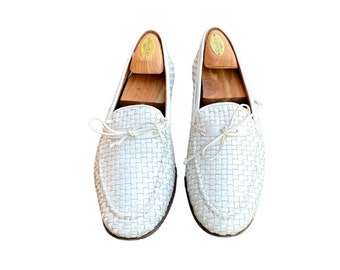 90s Vintage Shoes-White Bally Loafers-US Men Size 9-Italian Made-Basket Weave-Flat Slip On Shoes-Genuine Leather-Men Dress Shoes-Comfortable