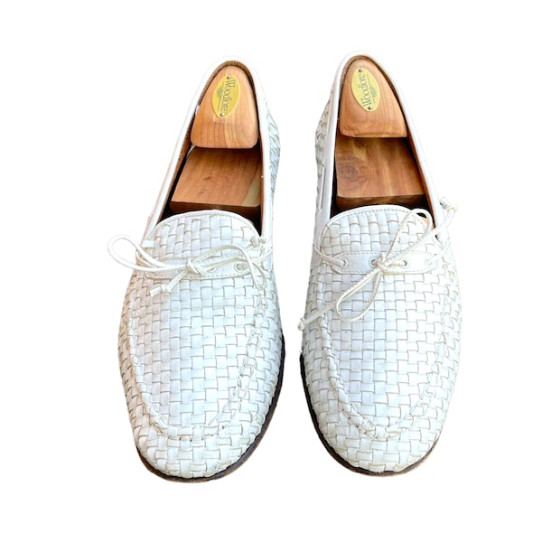 90s Vintage Shoes-White Bally Loafers-US Men Size 9-Italian Made-Basket Weave-Flat Slip On Shoes-Genuine Leather-Men Dress Shoes-Comfortable