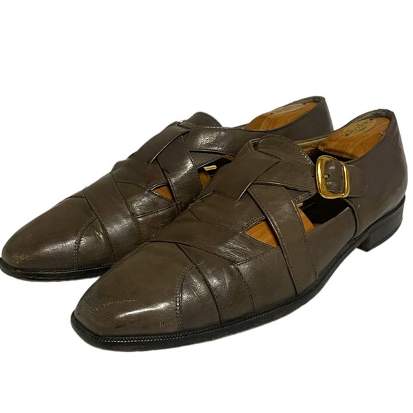 80s Vintage Sandals-Florsheim Leather Sandals-US Men Size 10.5-Gray Buckle up Shoes-Men Sandals-Genuine Leather-Vintage Men Wear-Flat Sandal