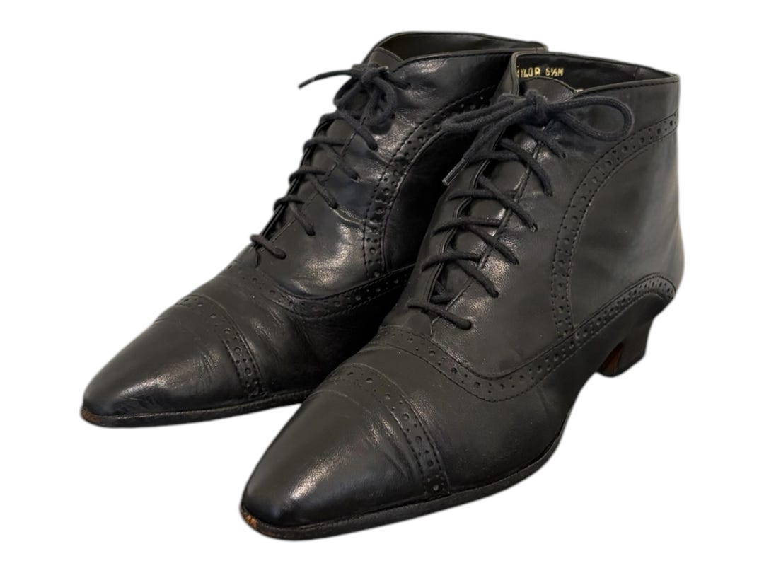 Vintage Black Leather Ankle Boots: 1990s Lace up Granny Boots, US