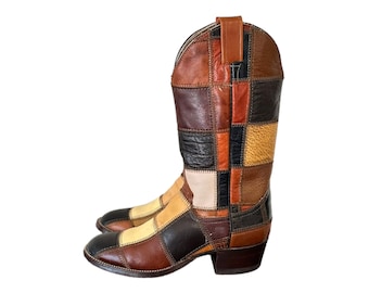 Vintage Stiefel-Mehrfarbige Stiefel-Cowboystiefel-US Damen Größe 6,5-Larry Mahan-Damenstiefel-Cowgirlstiefel-Western-Rockabilly-1980er Jahre-Braune Stiefel.
