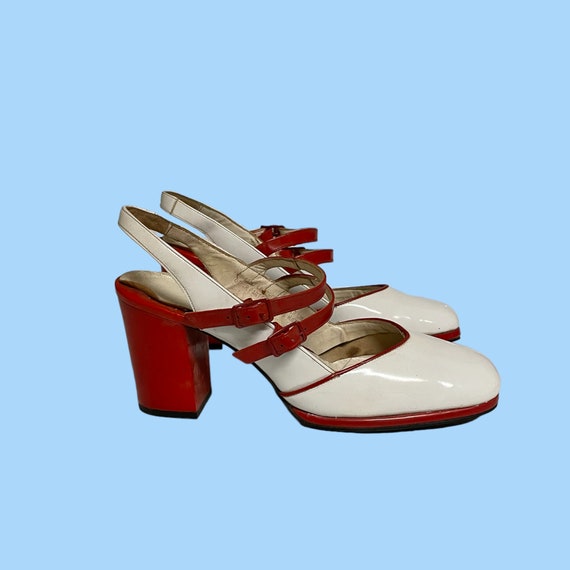 70s Patent Leather Vintage Red And White Pumps-Hi… - image 2