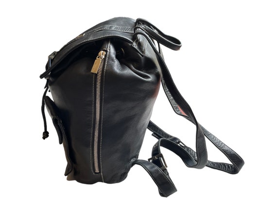 1990s Vintage Black Leather Drawstring Backpack Purse  display picture 1