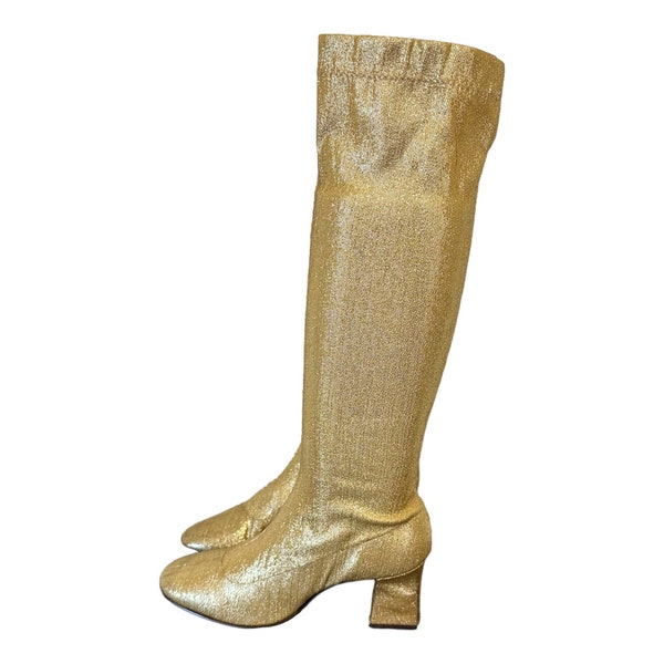 Vintage Boots-Gold Boots-US Women Size 5-1960s-Gold Lurex Go Go Boots-Knee High-Lame Low Heel-Vintage Women Wear-Women Boots.