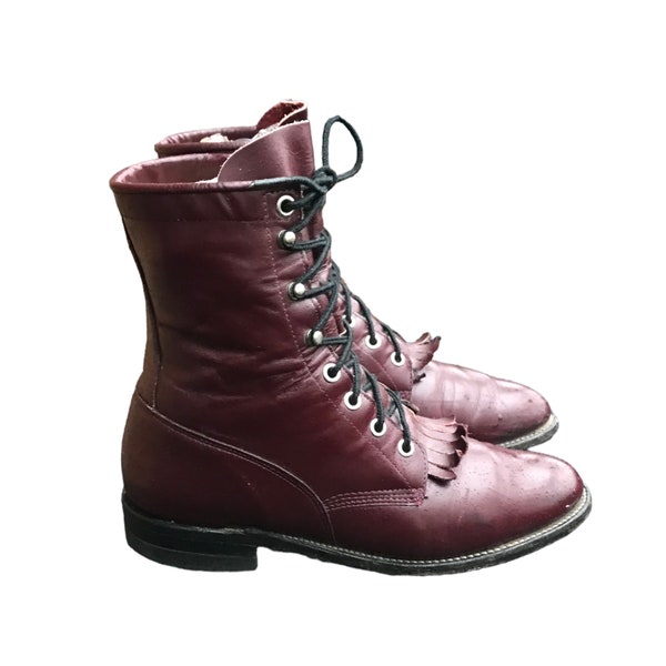 80s Vintage Burgundy Color US Women Size 7 Flat Lace Up Justin Boots-Roper Boots-Rockabilly-Vintage Women Wear-Genuine Leather-Made in USA.