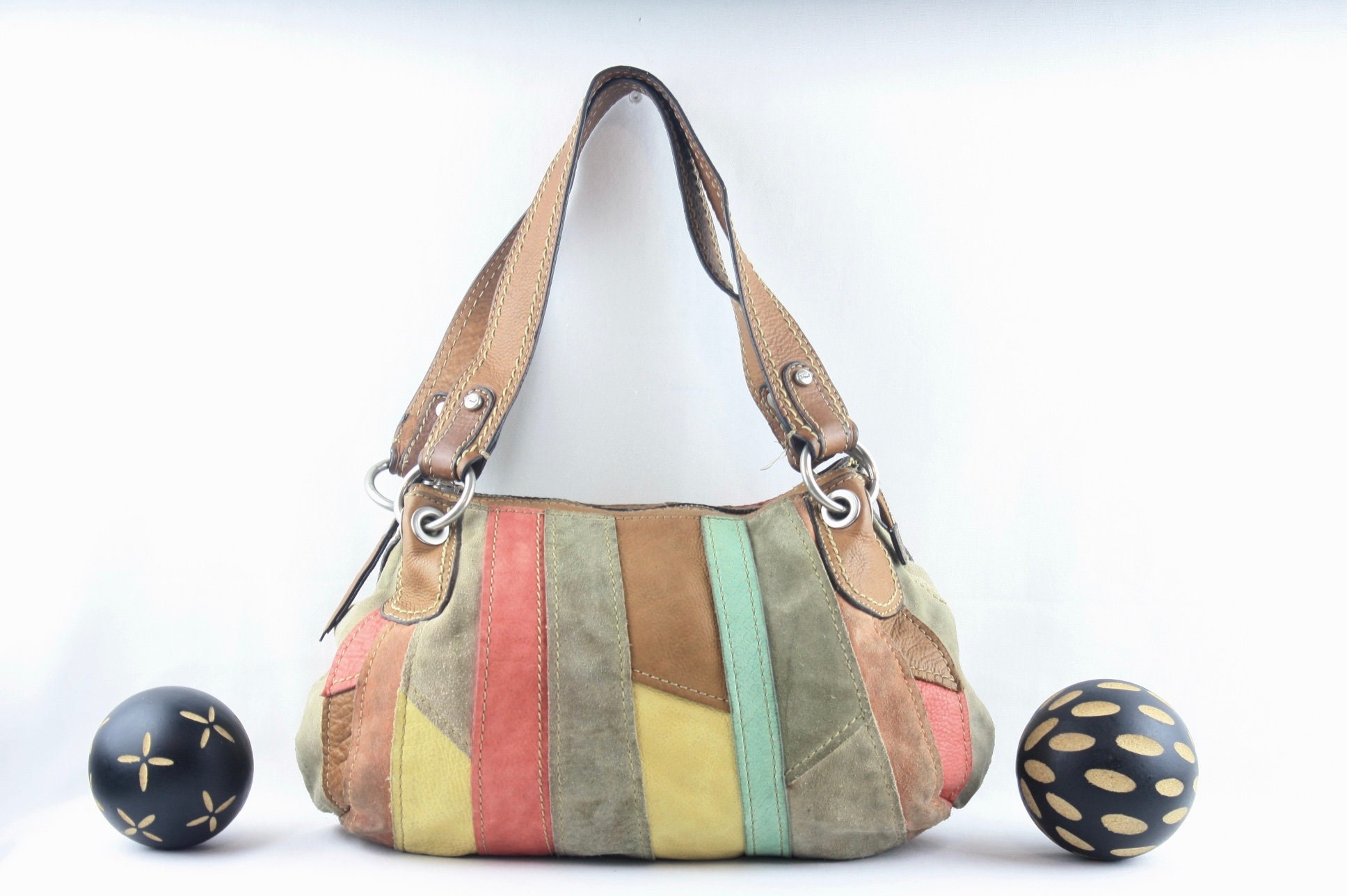 Vintage 90s Fossil Leather Suede Shoulder Bag: Multi-color Purse