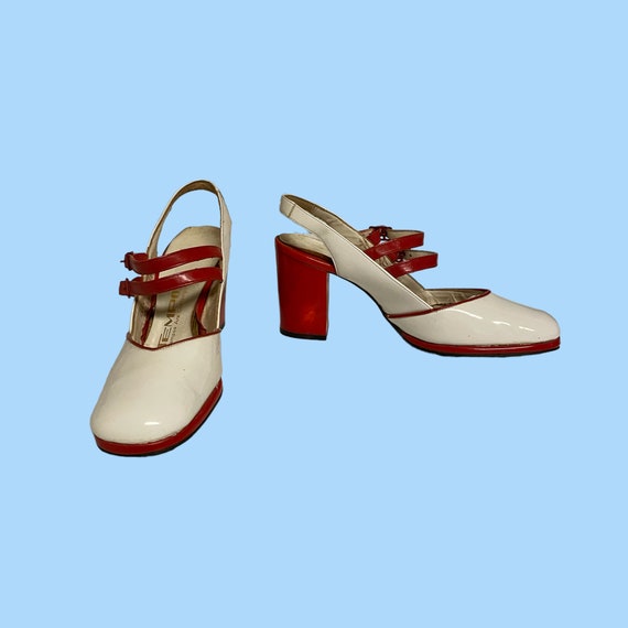 70s Patent Leather Vintage Red And White Pumps-Hi… - image 4