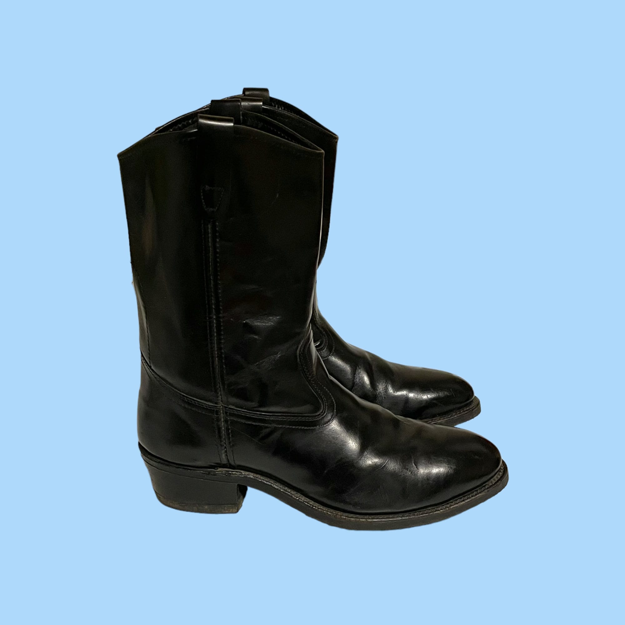 Vintage 80s Black Leather Work Boots - Steel Toe Engineer Boots US