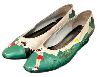 Vintage Shoes-Green Shoes-Pumps-US Women Size 8.5-1980-Genuine Leather-Multi Color-Margaret J-Vintage Women Wear-Gift For Her-Holiday Shoes.