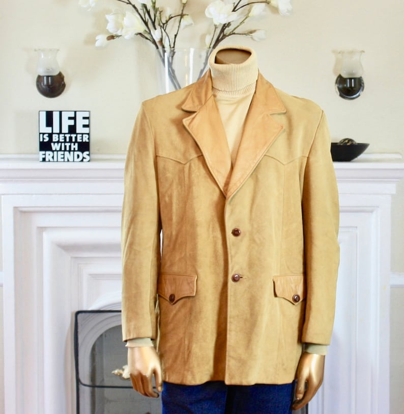 Vintage Mens Wear-Light Brown Suede Jacket-1980s Men Coat