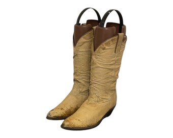 Vintage Boots-Khaki Boots-Distressed Boots-Women Boots-US Women Size 7-Western-Cowboy Boots-Genuine Leather-Slouchy Boots-Vintage Women Wear