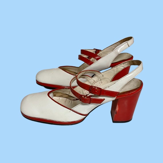 70s Patent Leather Vintage Red And White Pumps-Hi… - image 6