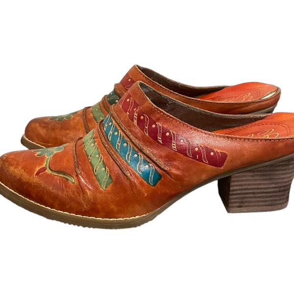 90s Vintage Shoes-Vintage Mule Shoes-US Women Size 7-Genuine Leather-Multi Color-Slip On Mules-Southwestern-Aztec Designs-Vintage Women Wear
